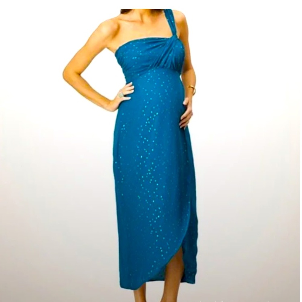 Rose Pope Silk One Shoulder Angelina Turquoise Gold Metallic Maternity Dress‎ M